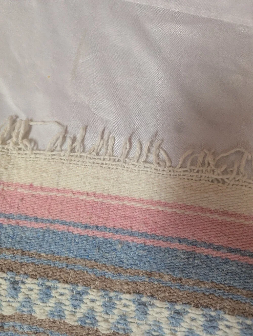 Blue White Pink Woven Acrylic Mexican Falsa Blanket Vtg 47